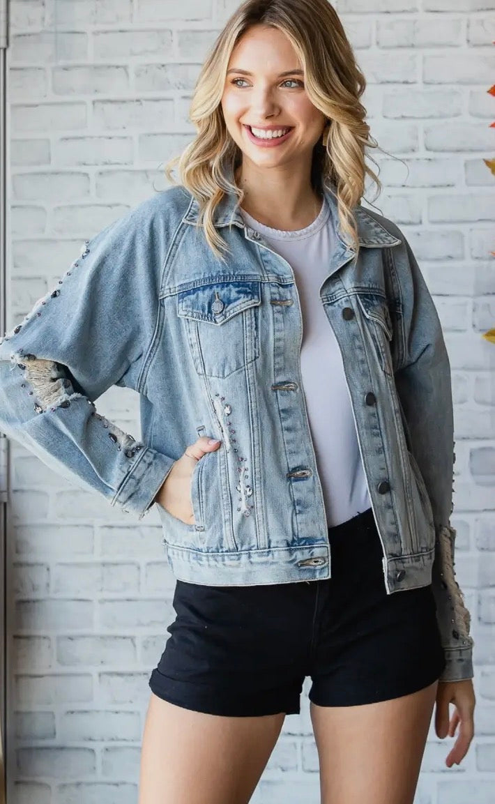 Rhinestone Distressed Denim Jacket – Made to Shine Boutique ✨
