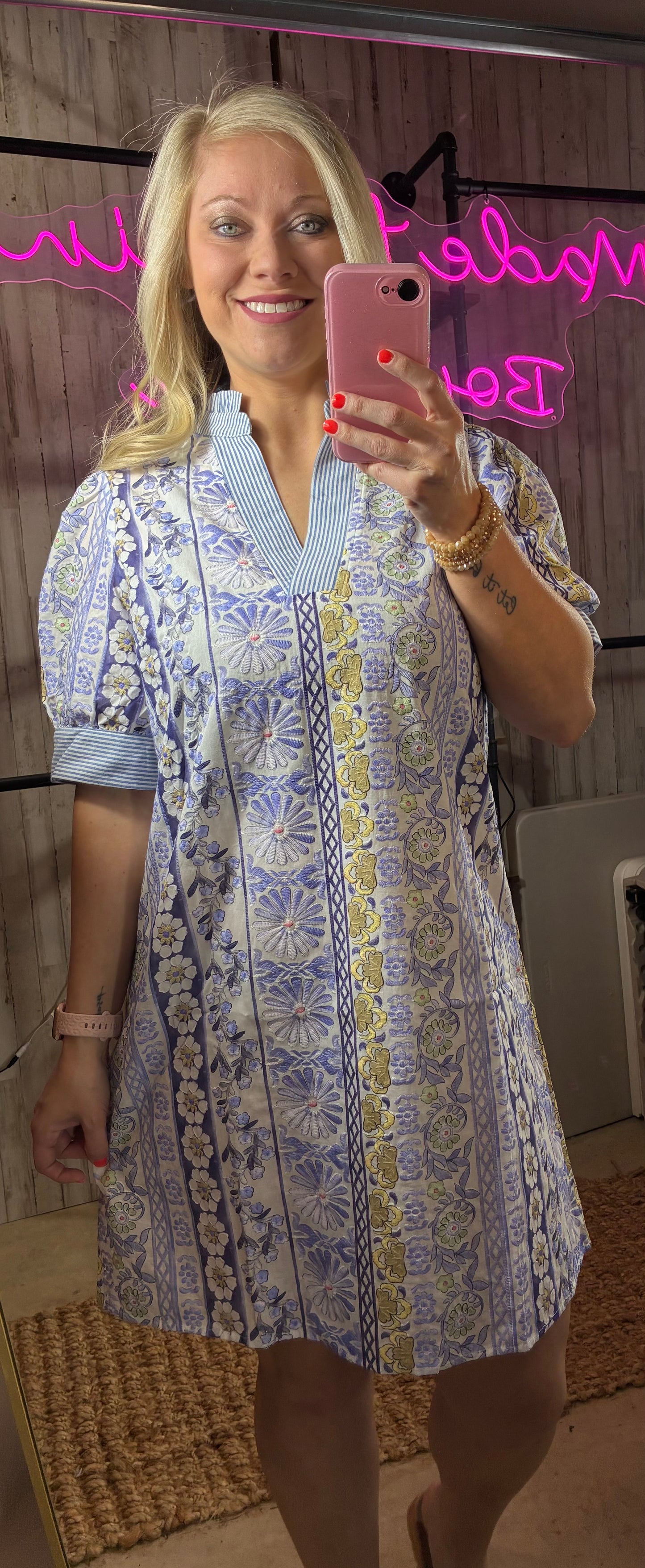 Blue Embroidered Striped Dress