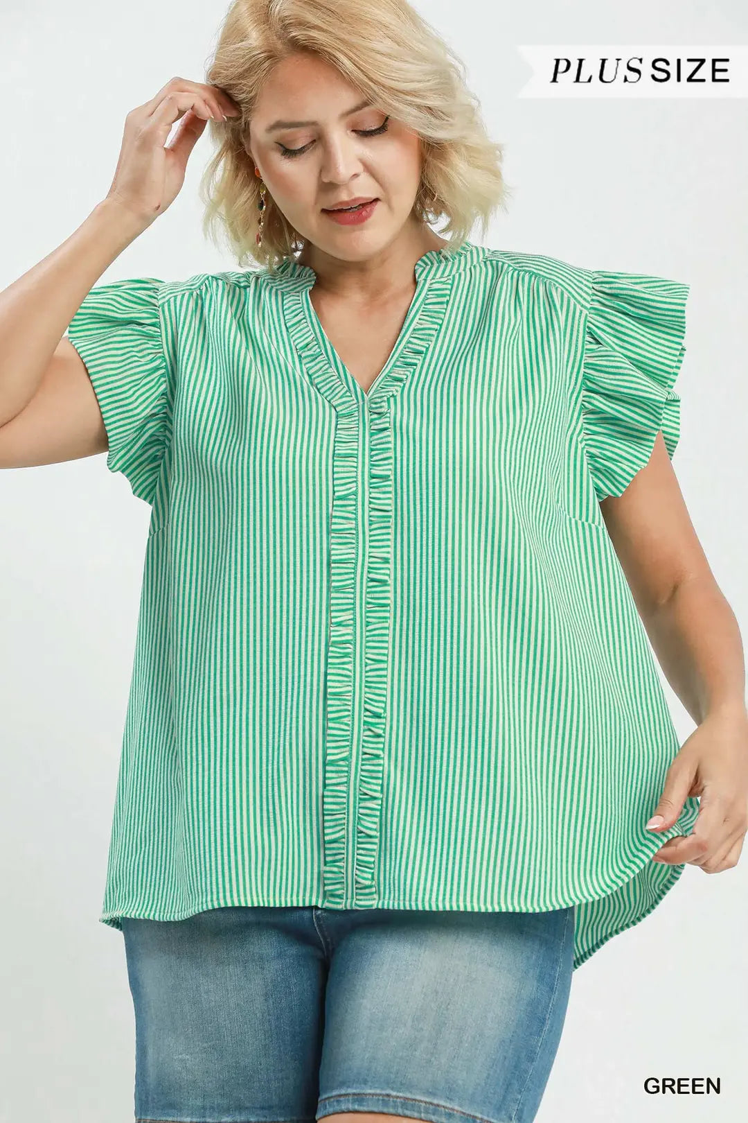 Green Striped Ruffle Top PLUS