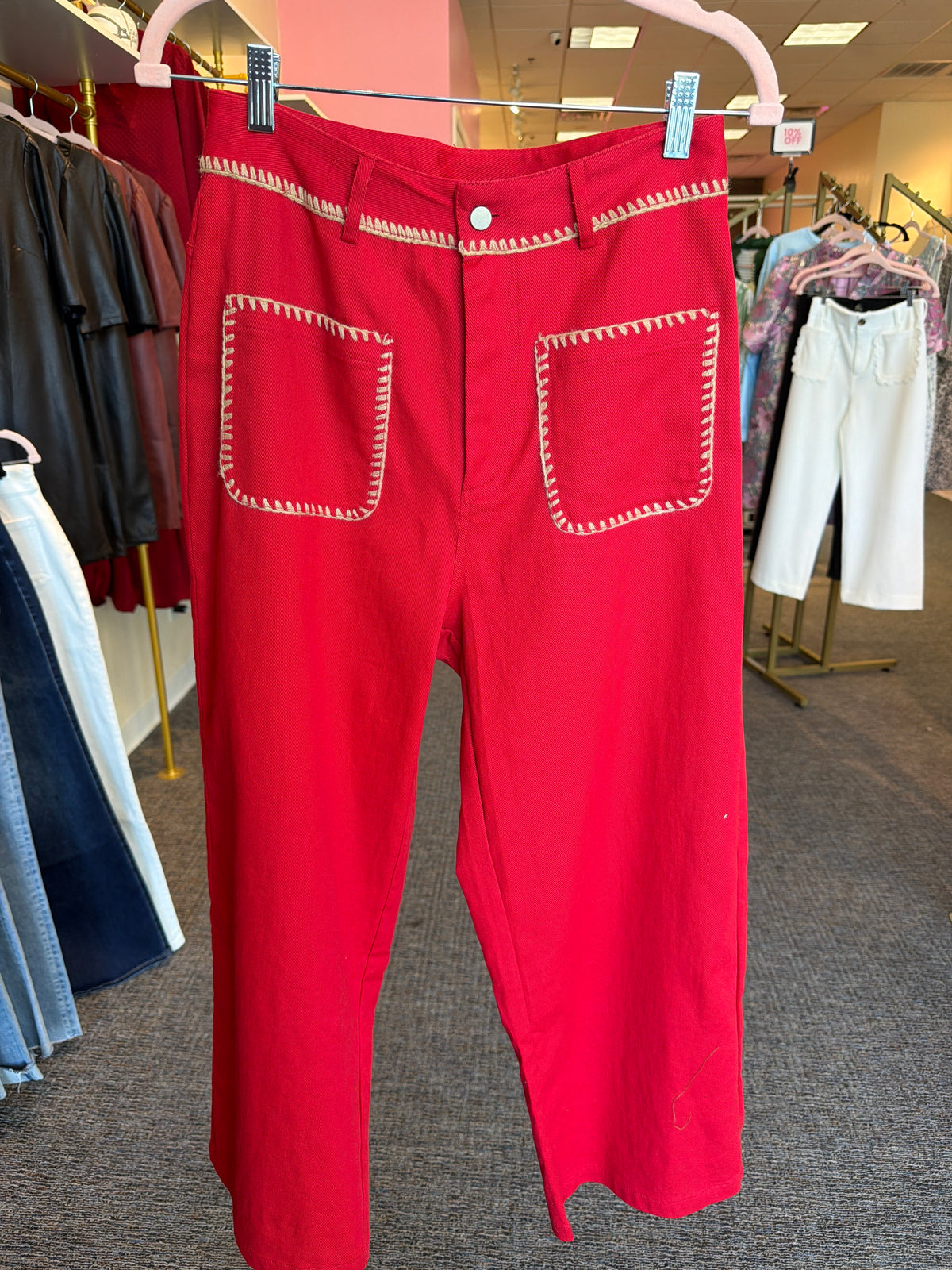 Red Embroidered Pocket Denim