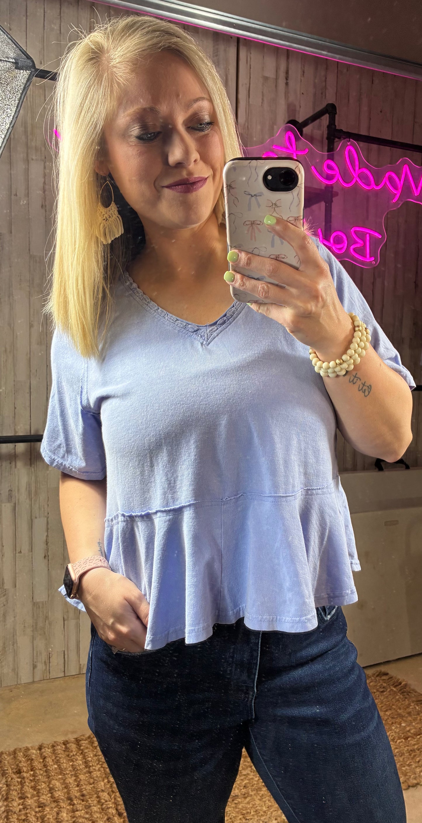 Lace trim v neck top- blue
