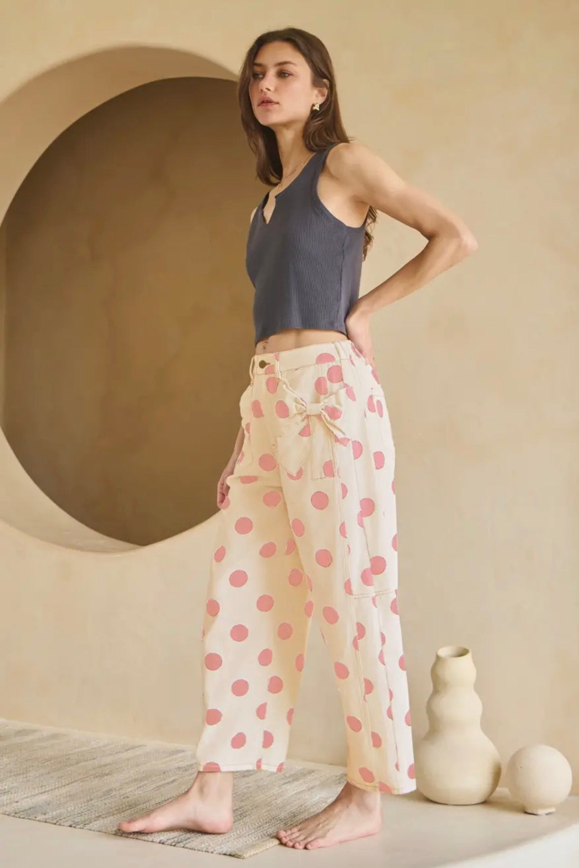 Polka Dot Barrel Denim- pink&cream