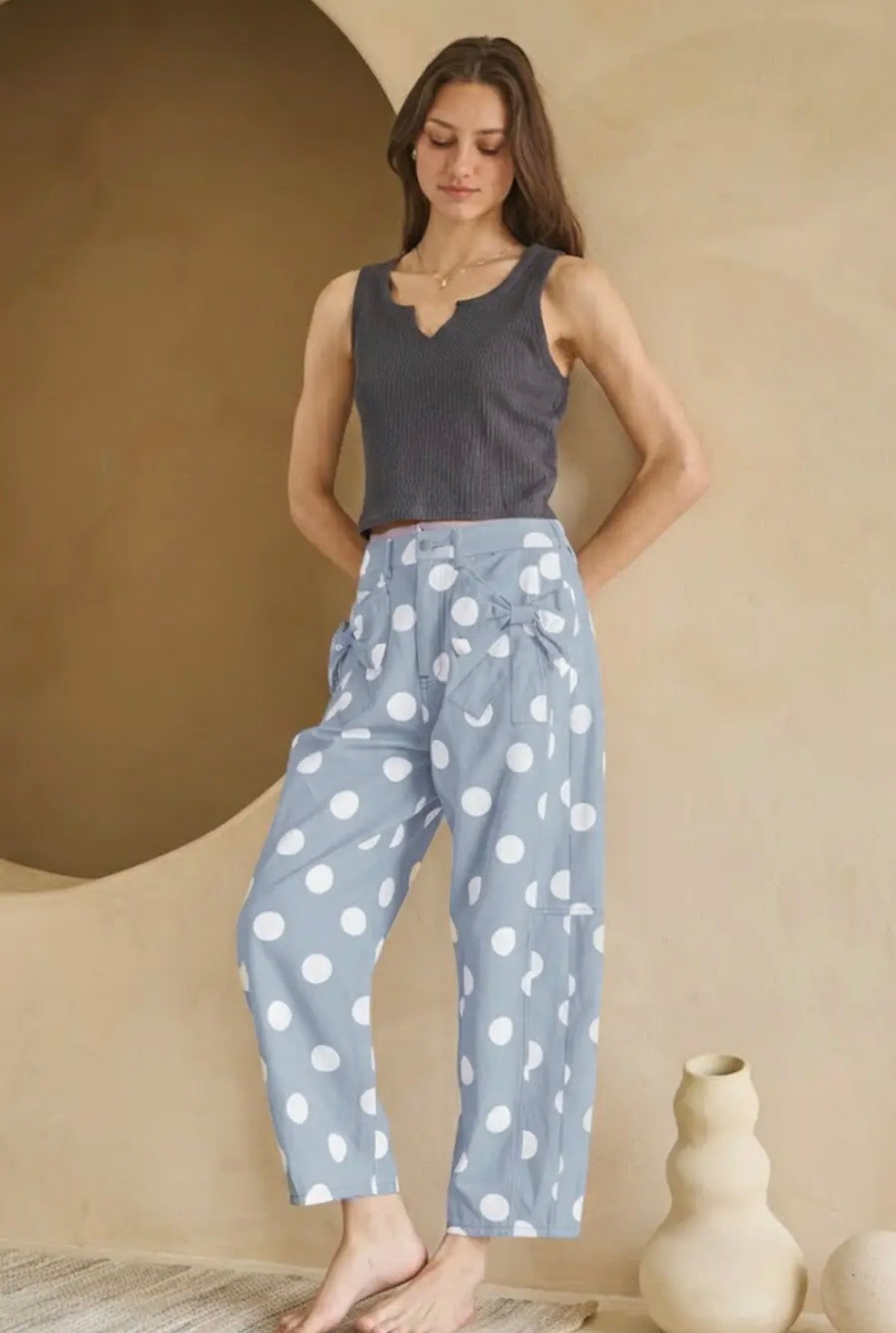 Polka Dot Barrel Denim- Grey&white