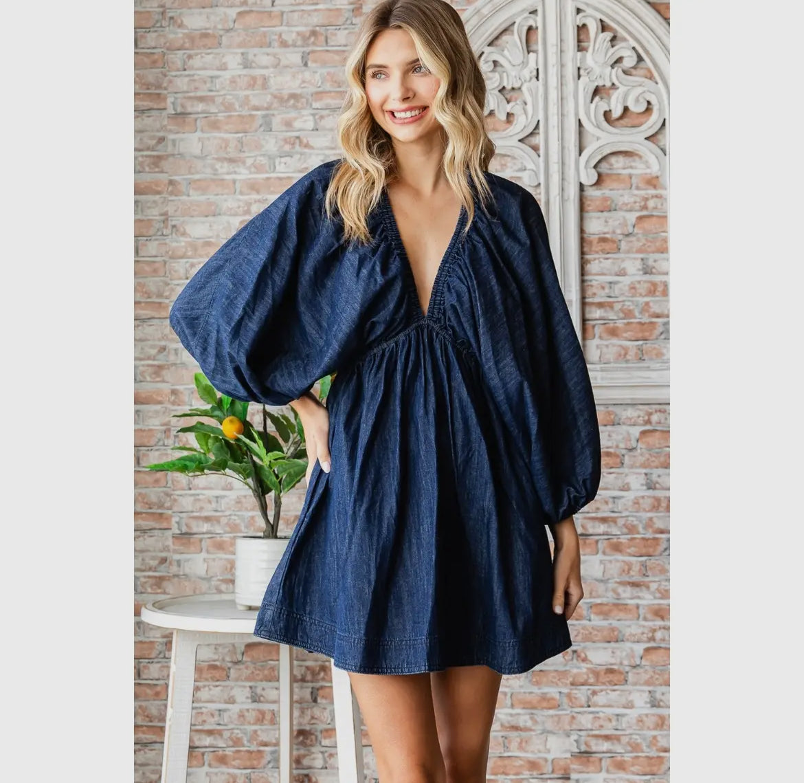 V-Neck Puff Sleeve Denim Dress