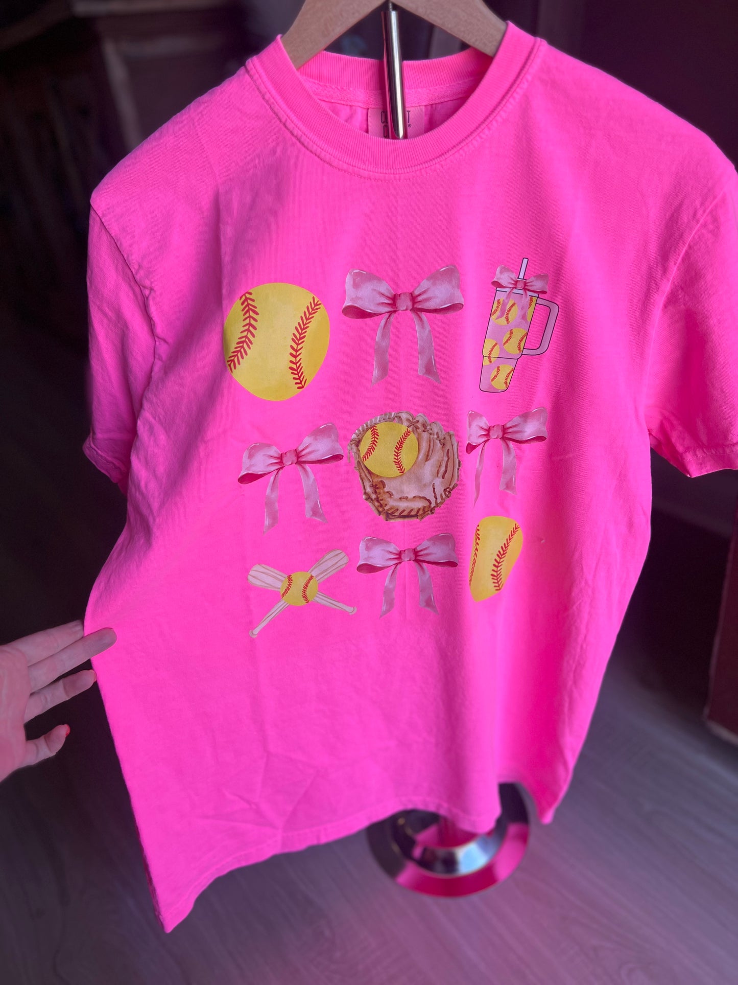 Neon Pink Softball Coquette Tee