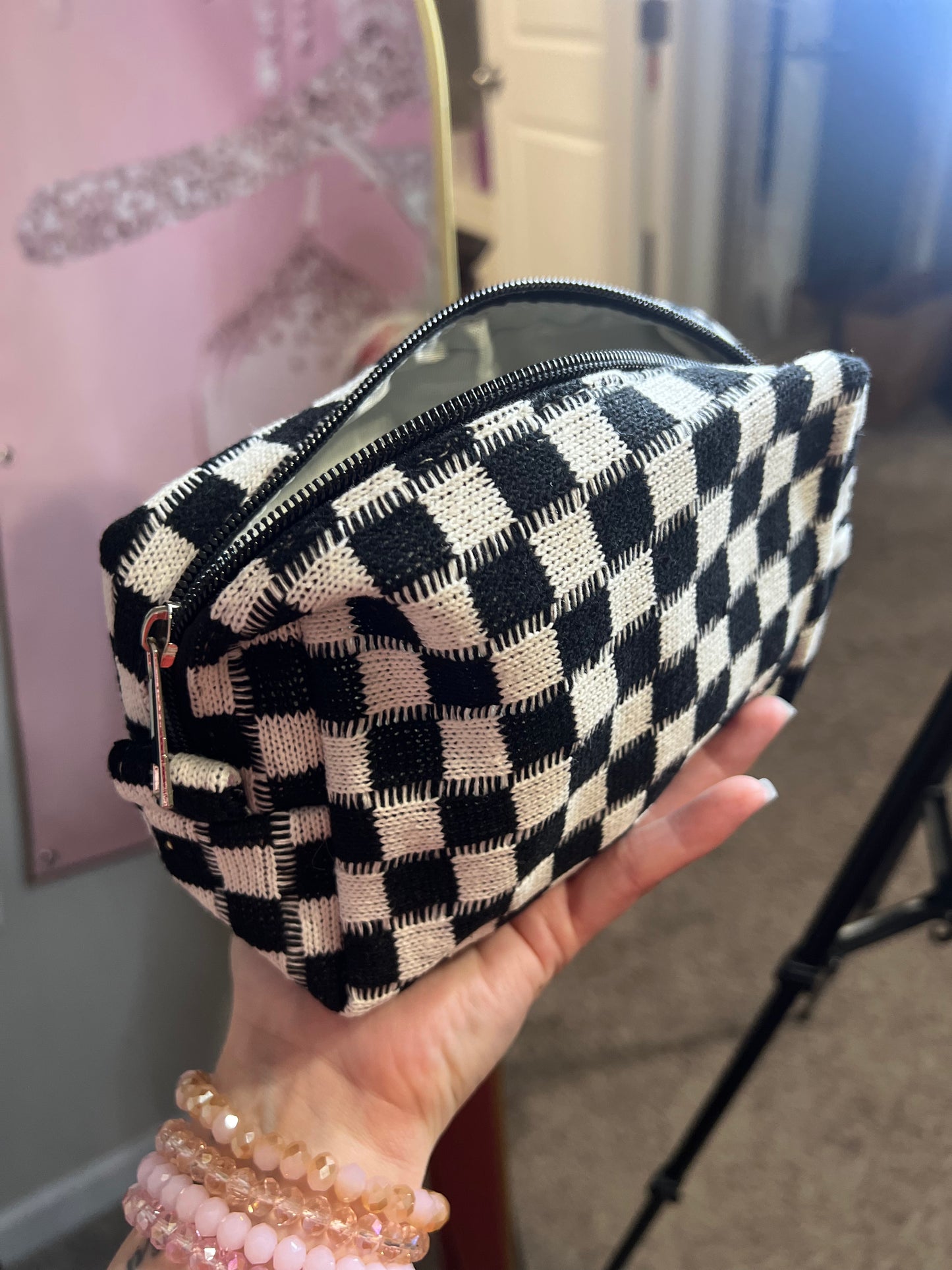 Checkered cosmetic bag