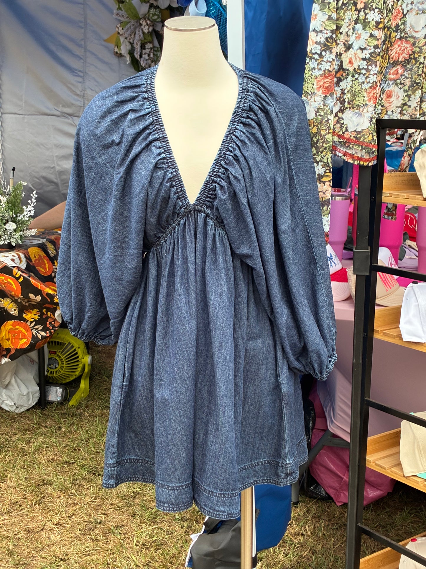 V-Neck Puff Sleeve Denim Dress