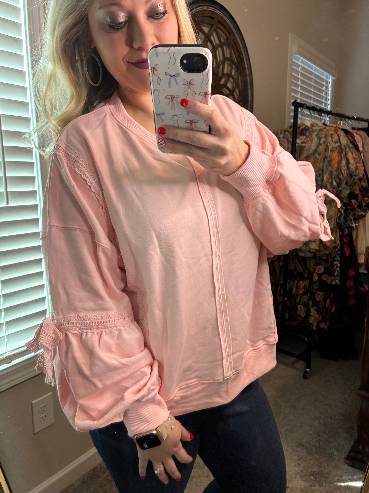 Light Pink Bow & Embroidered Top