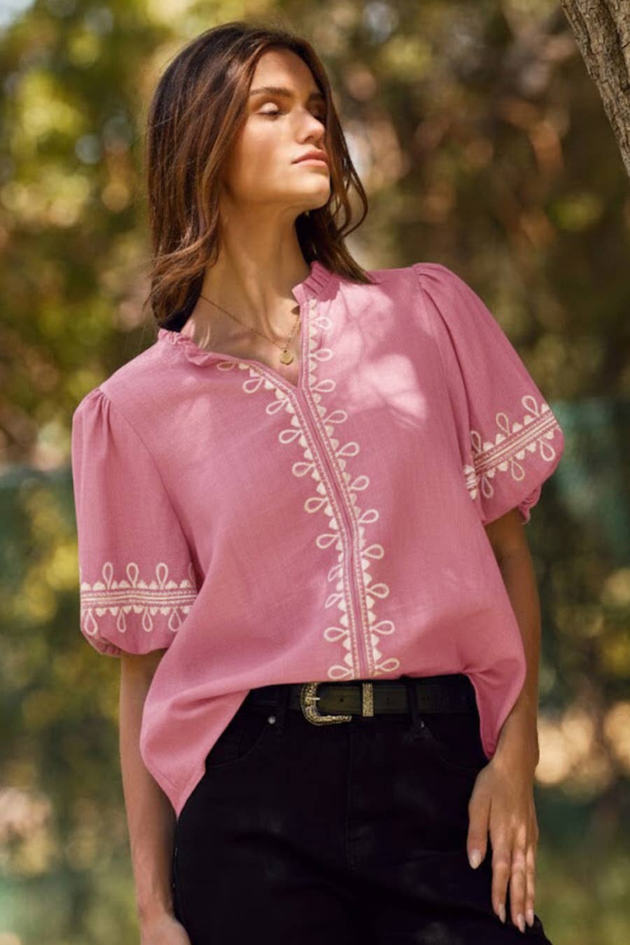 Oddi - Solid Embroidered Short Bubble Sleeve Blouse: Azure Blue, L