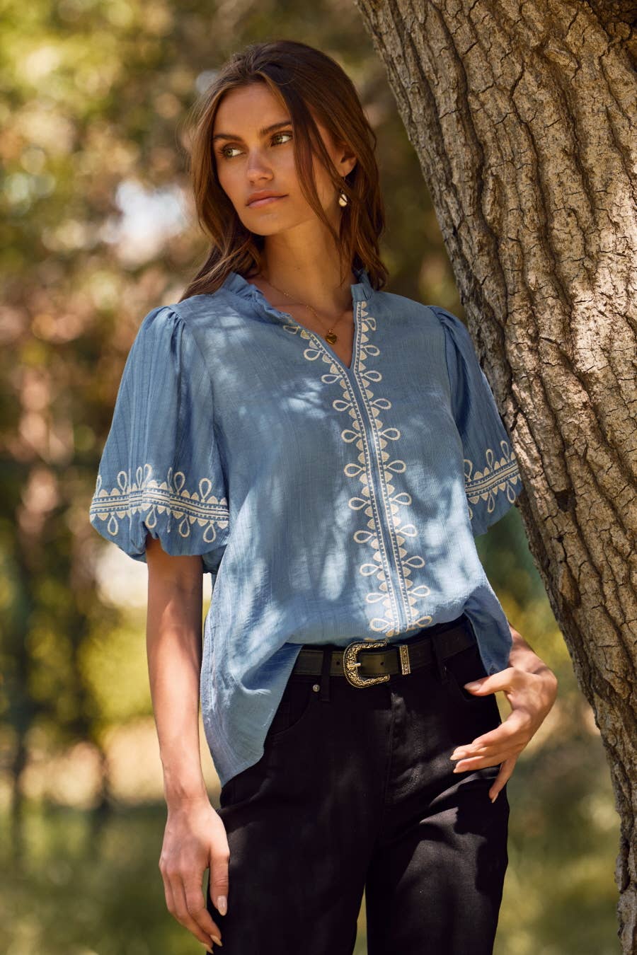 Oddi - Solid Embroidered Short Bubble Sleeve Blouse: Azure Blue, M