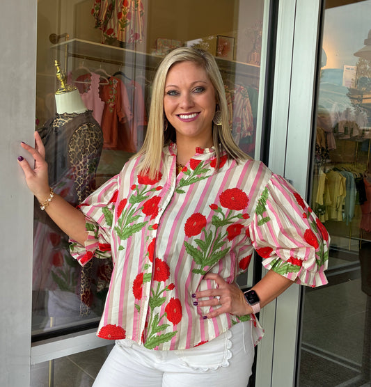 Floral striped button down