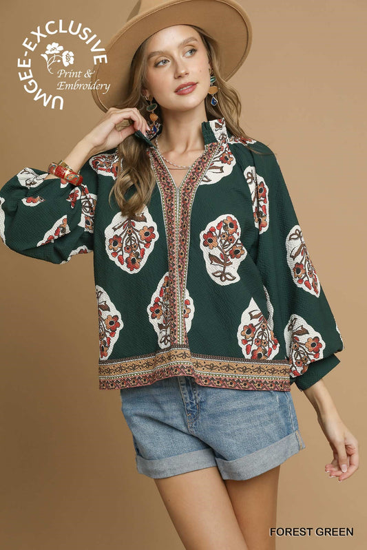 UMGEE Boho Floral Print Tunic Top