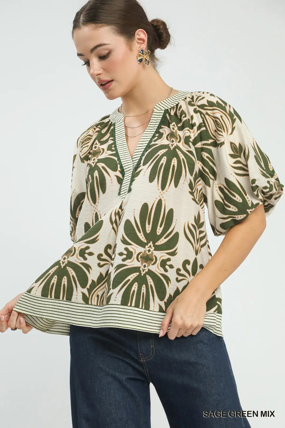 Sage Mix Print Top