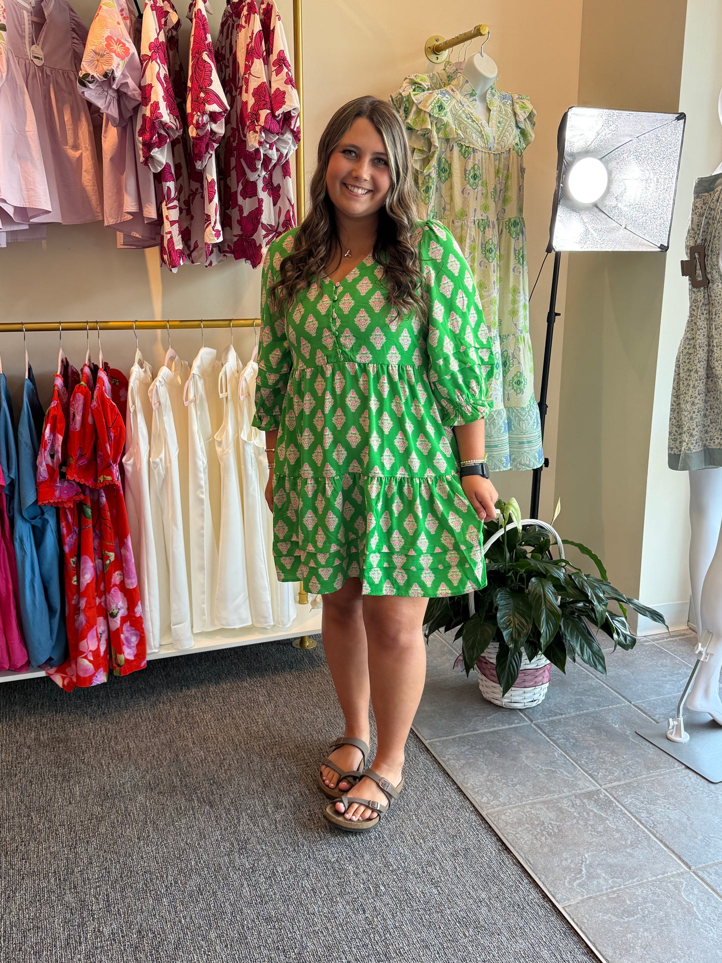 Pink green button dress