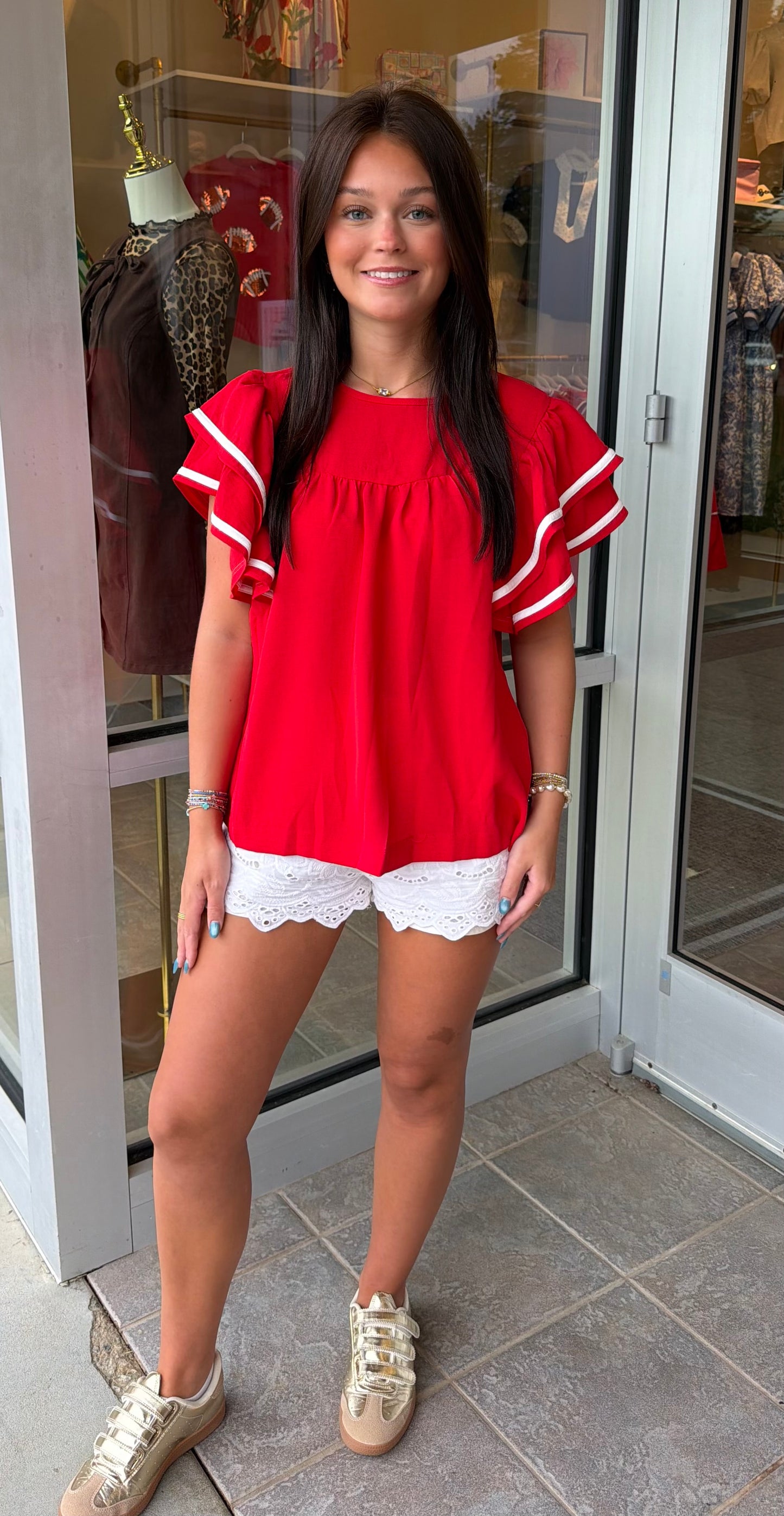 Red & White Flutter Sleeve