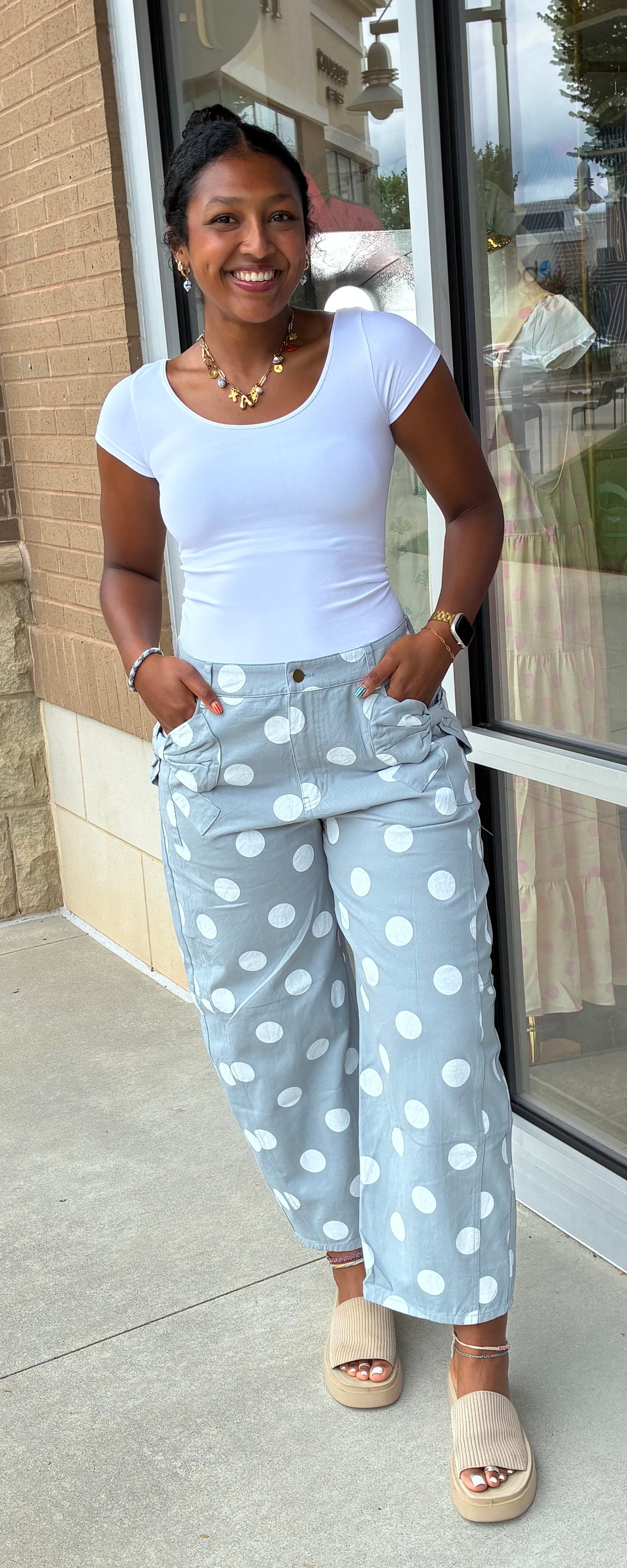 Polka Dot Barrel Denim- Grey&white