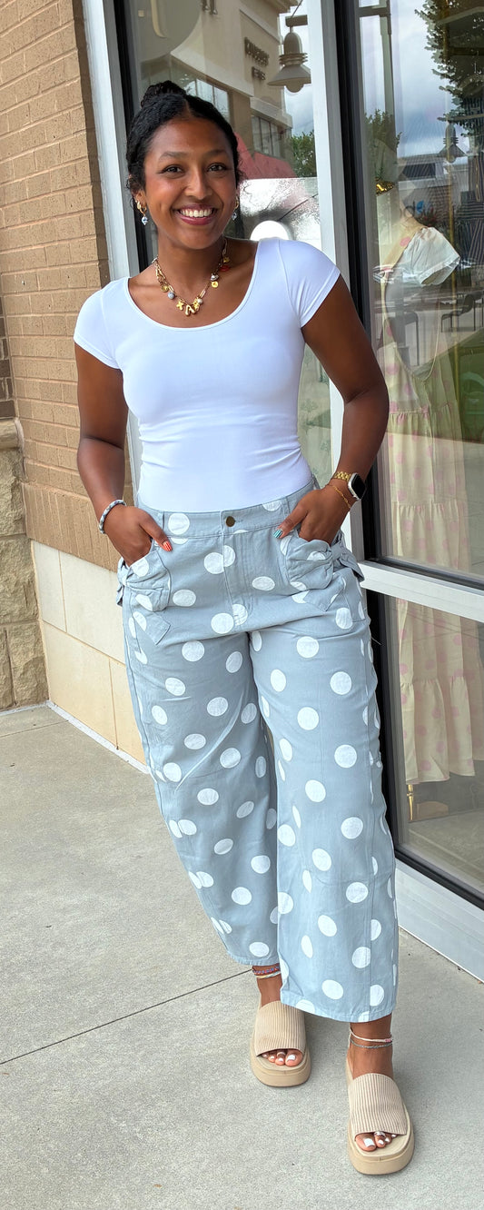 Polka Dot Barrel Denim- Grey&white
