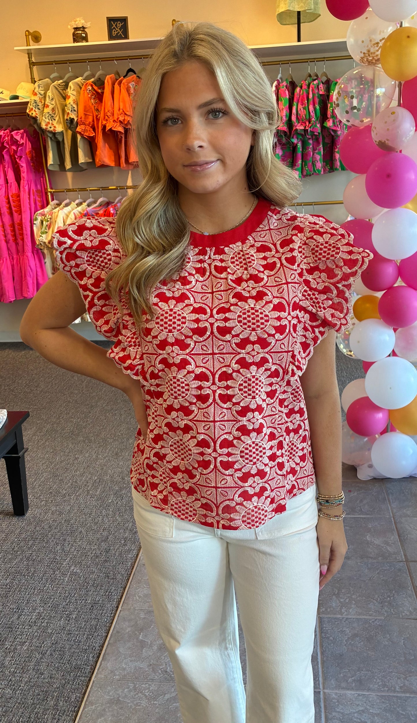 VOY - Scallop Ruffle Detail Floral Embroidered Top: Red, M