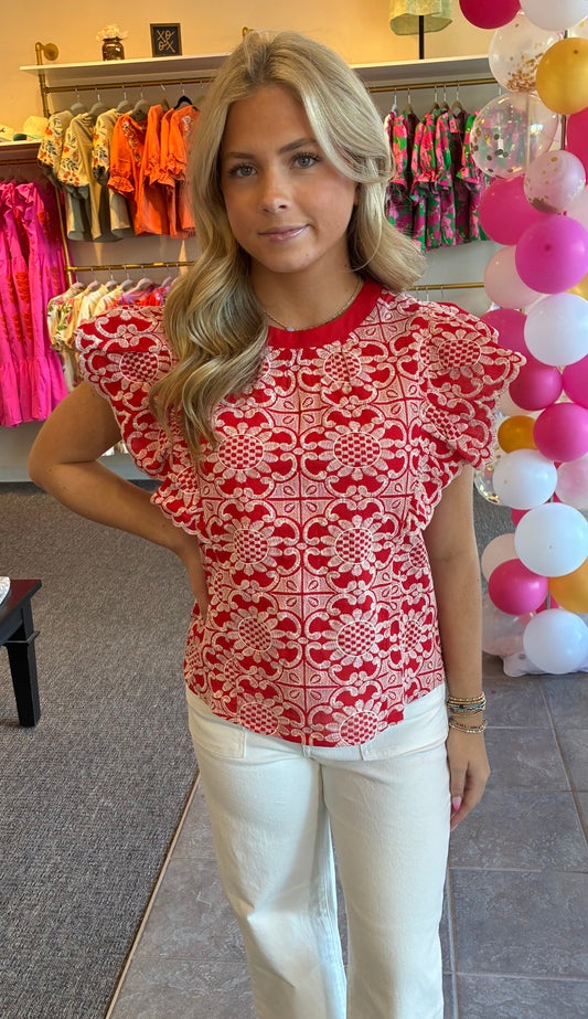 VOY - Scallop Ruffle Detail Floral Embroidered Top: Red, M