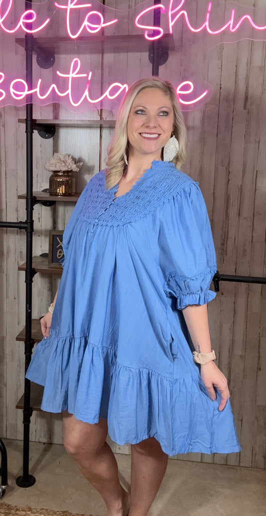 Smocked Mini Dress with Lace Detail