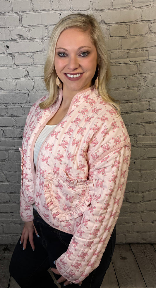 Pink Floral Heart Pocket Quilted Jacket