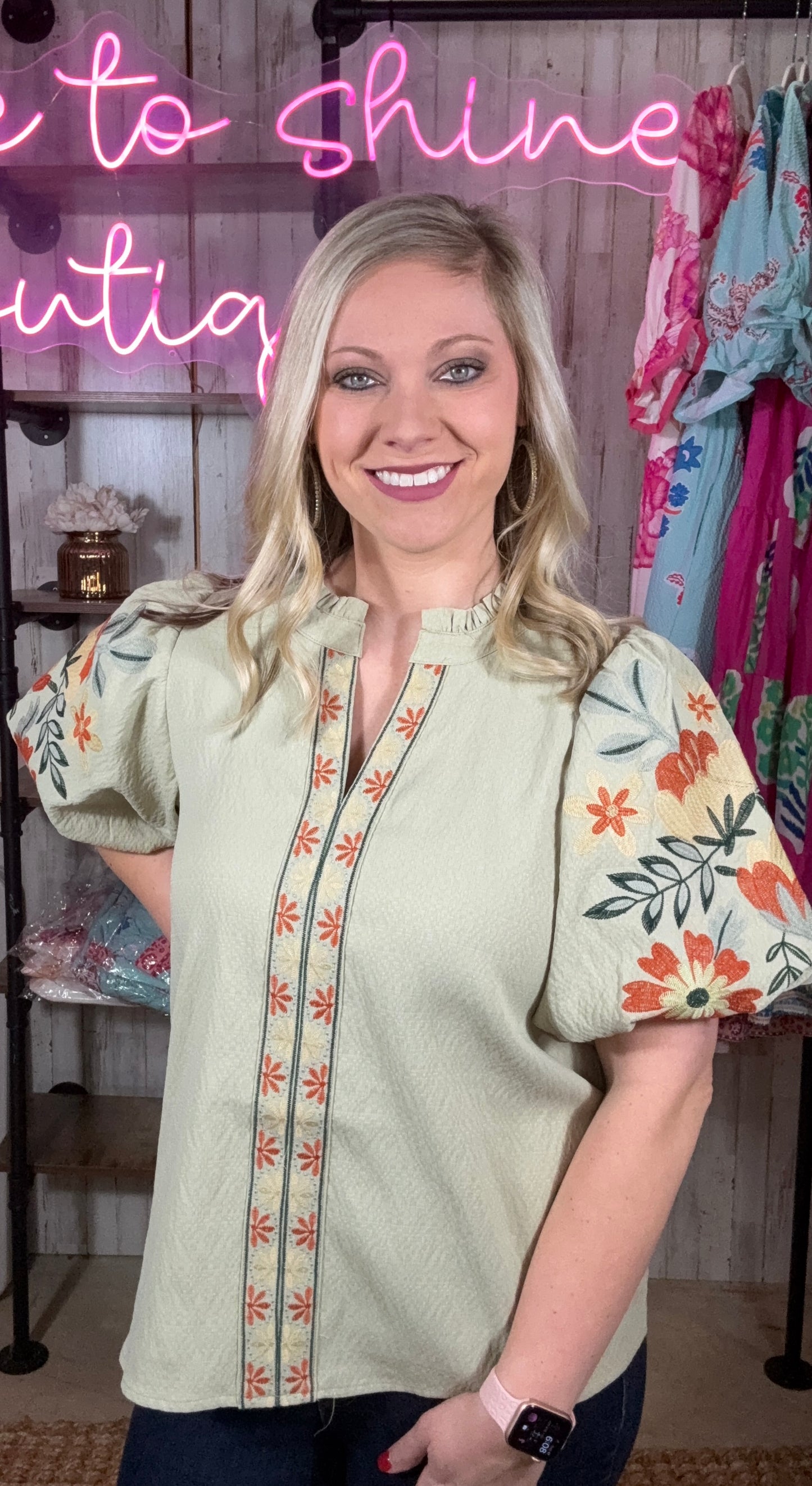 Sage Floral Bubble Sleeve Top