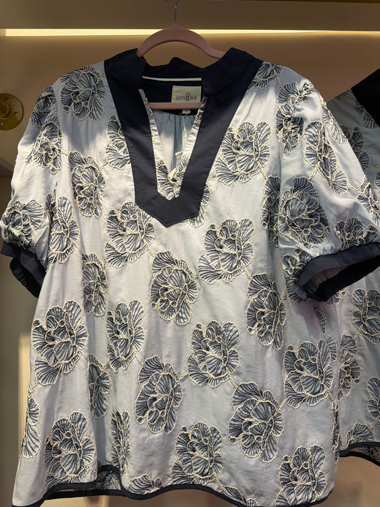 Blue and Navy Embroidered Top