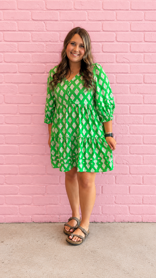 Pink green button dress