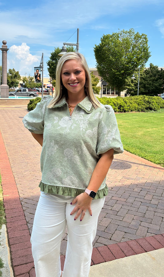 Green Collared Ruffle Top