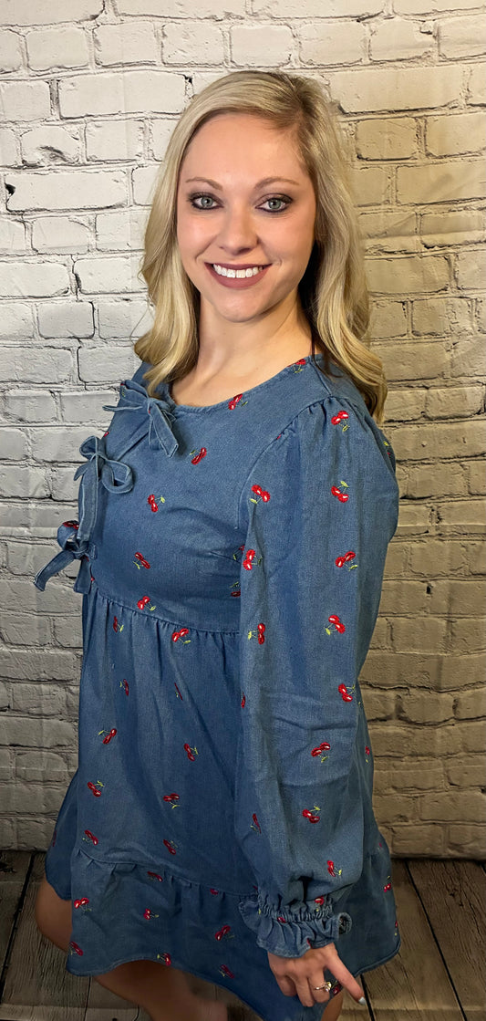 Denim Cherry Bow Dress