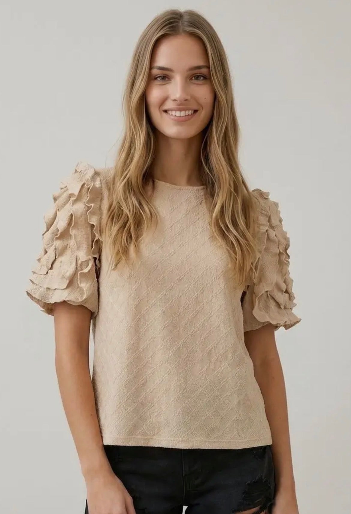 Khaki Ruffle Puff Sleeve