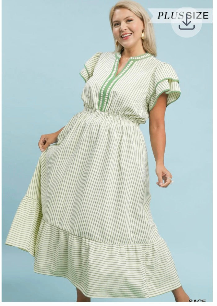 Sage Striped Flutter Sleeve Maxi