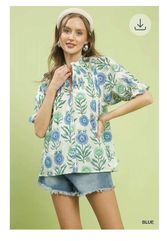 Blue/Green Mix Floral Top by Umgee