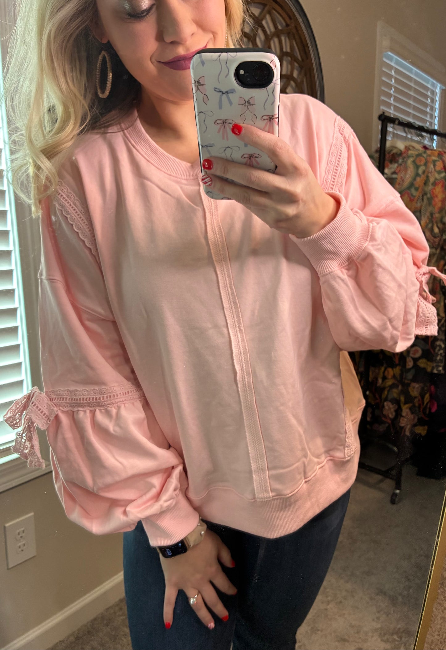 Light Pink Bow & Embroidered Top