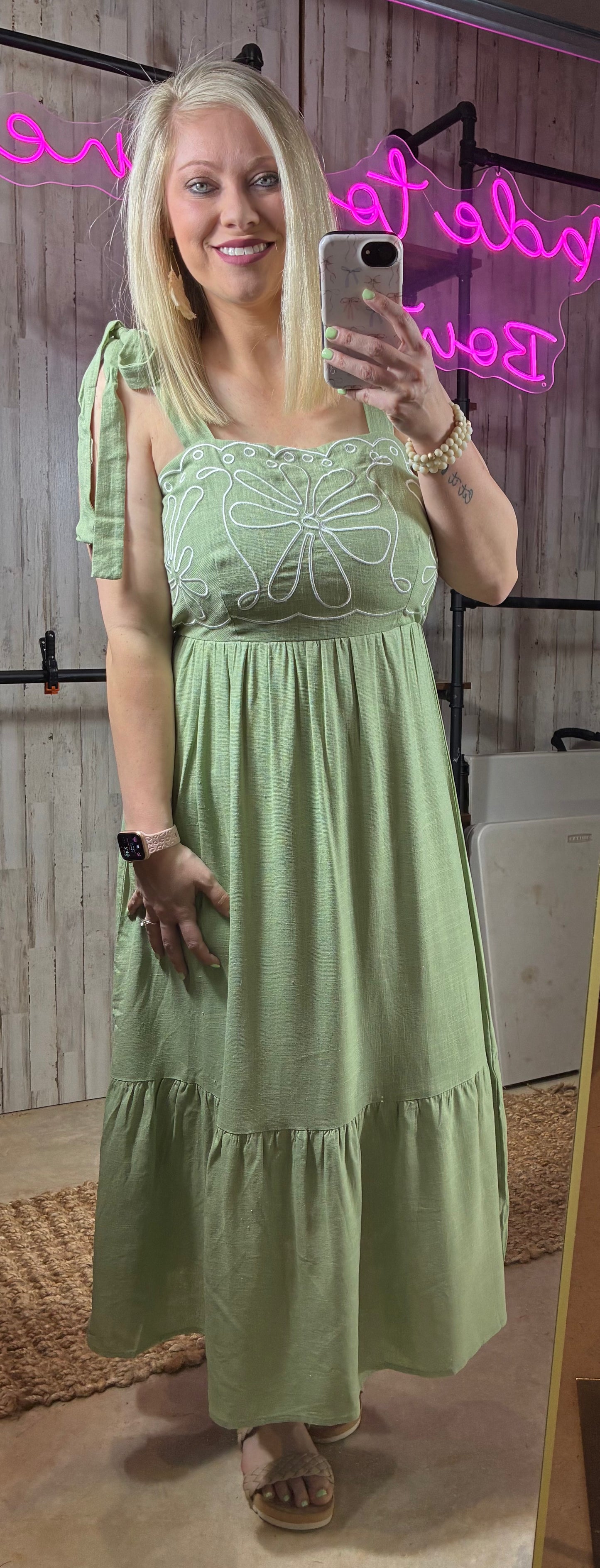 Embroidered Sage Dress with Ties