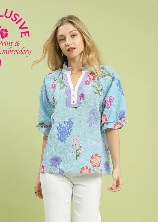 Floral Blouse with Scallop Trim