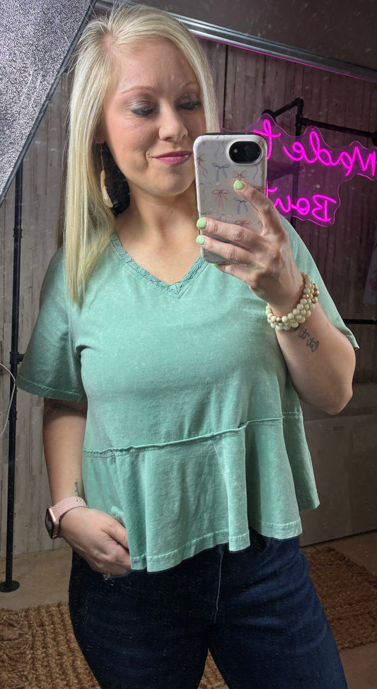Lace trim V neck top- sage