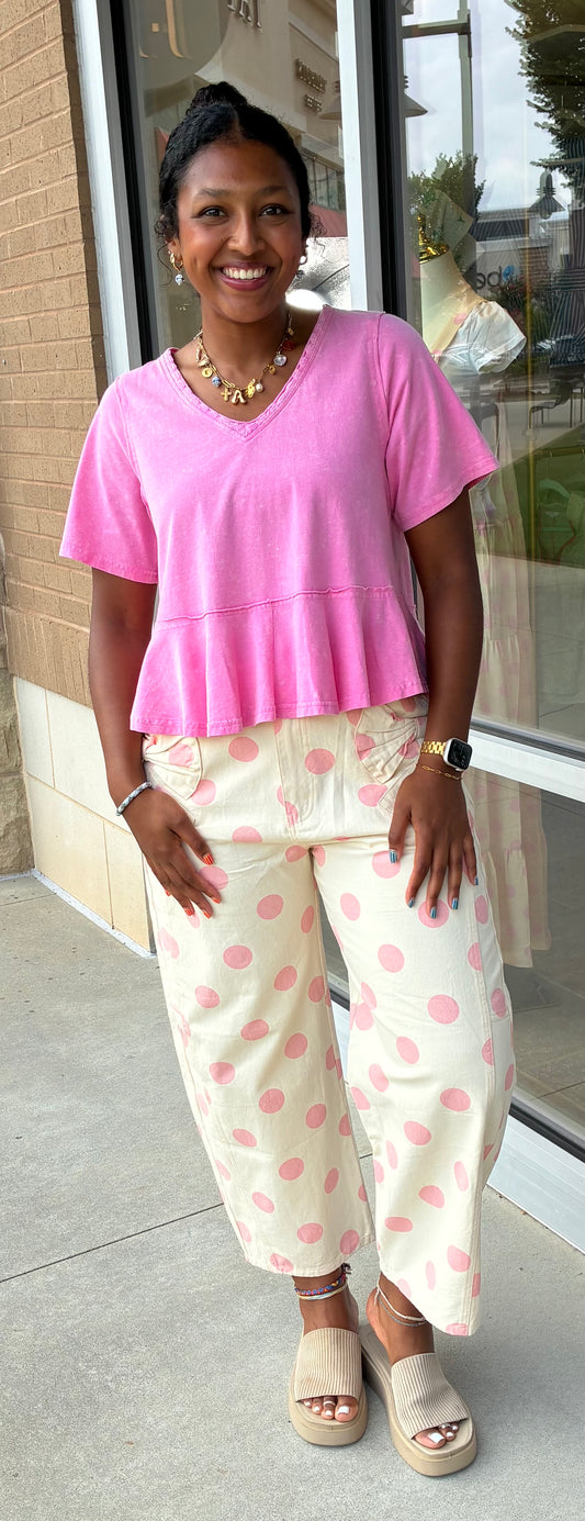 Polka Dot Barrel Denim- pink&cream