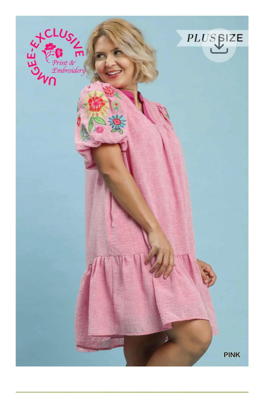 Pink Embroidered Puff Sleeve Mini Dress
