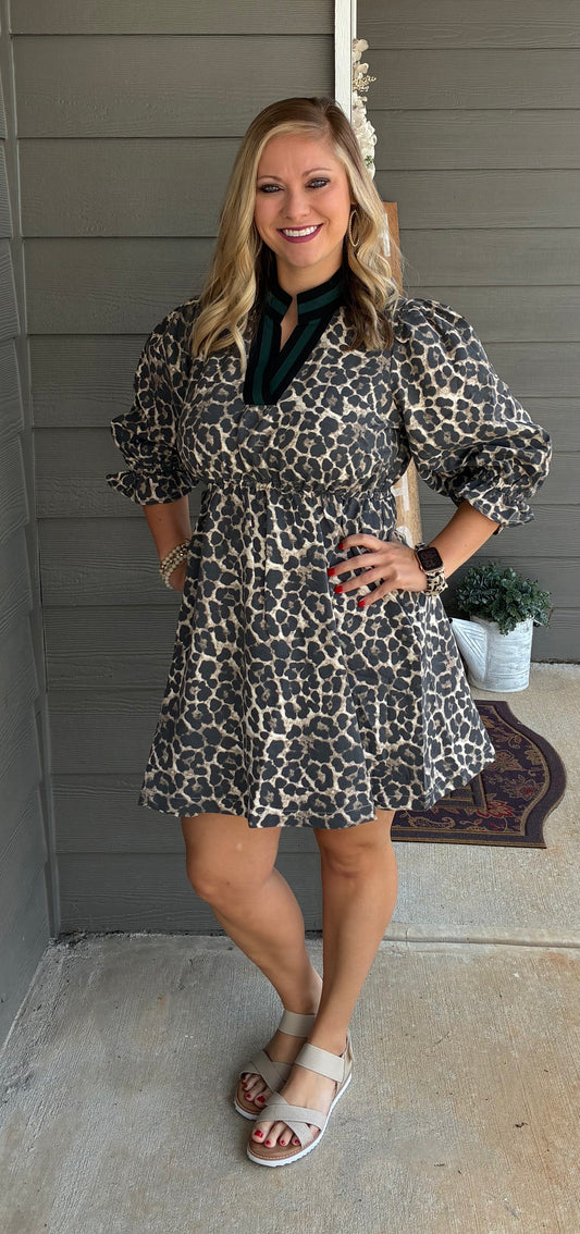 UMGEE Leopard Print Puff Sleeve Mini Dress