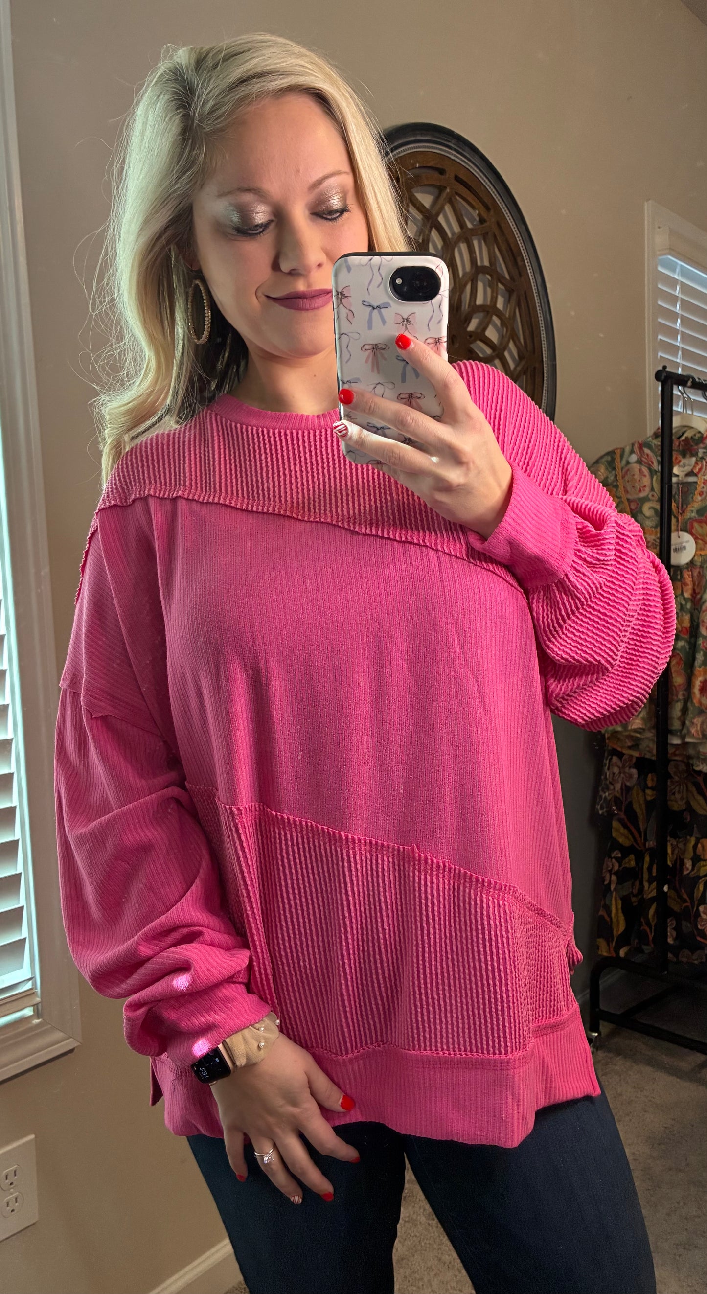 Oversized Hot Pink Ribbed Vintage Pullover