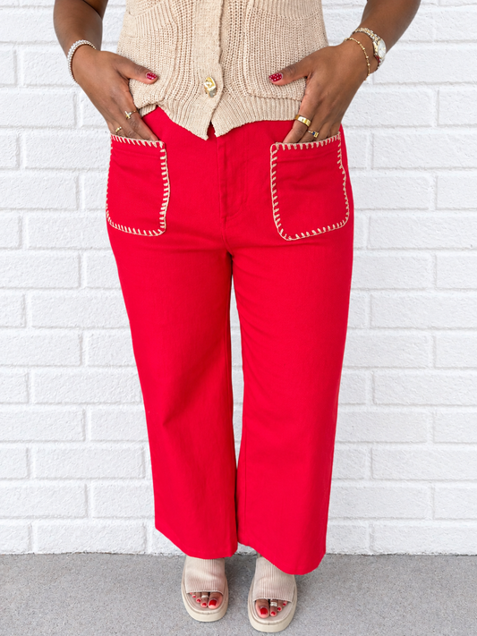 Red Embroidered Pocket Denim