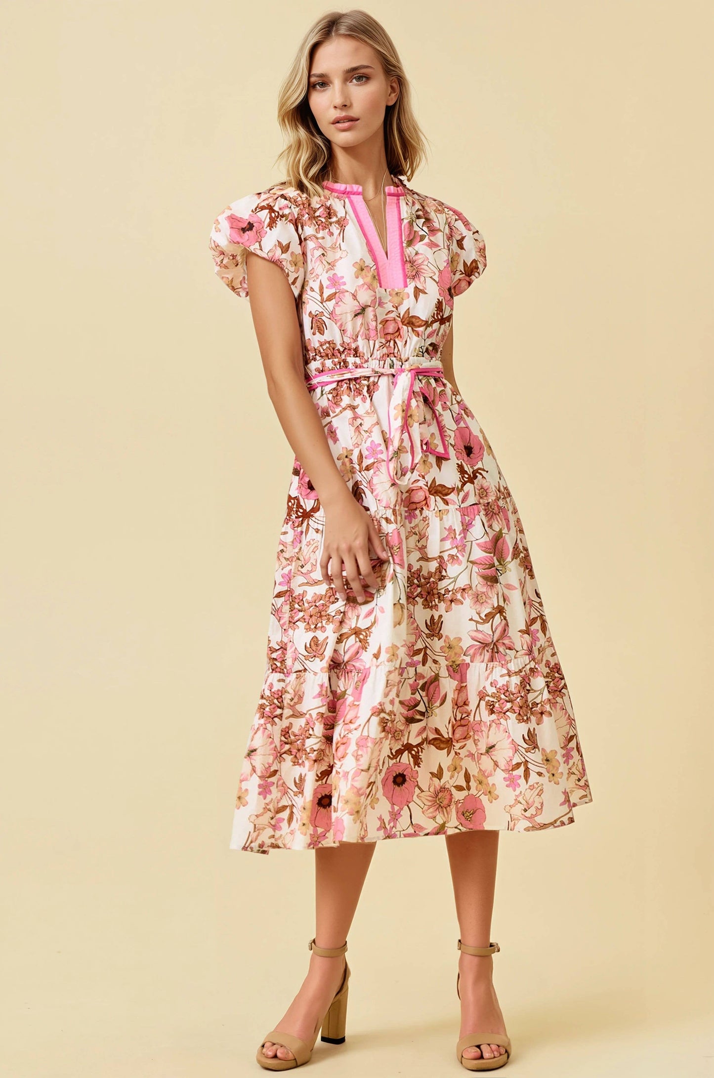 FLORAL PRINT BUBBLE SHORT SLEEVE TIERED MIDI DRESS Pink, S