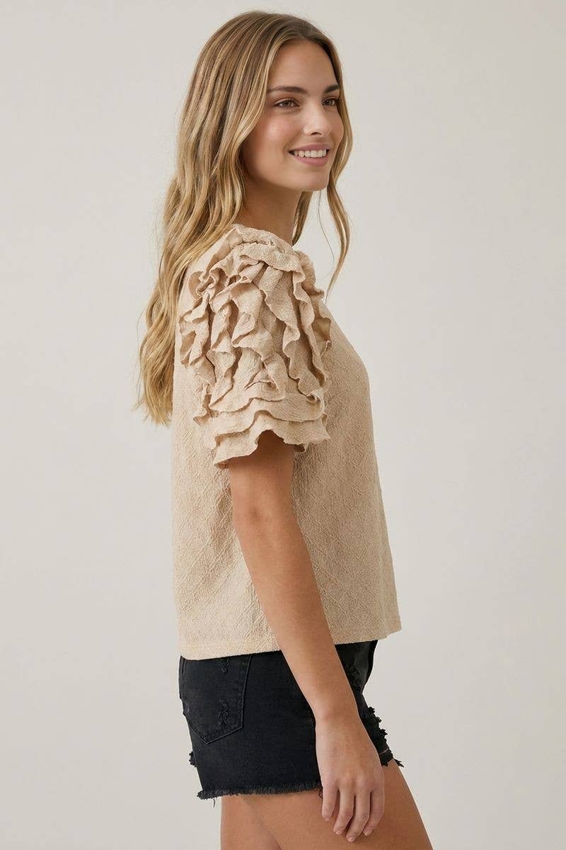 TEXTURED RUFFLE PUFF SLEEVE TOP - TAN, S