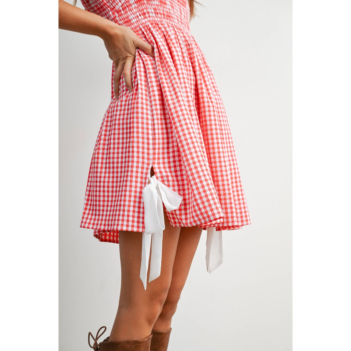 Strapless Shirred Gingham Mini Sundress RED
