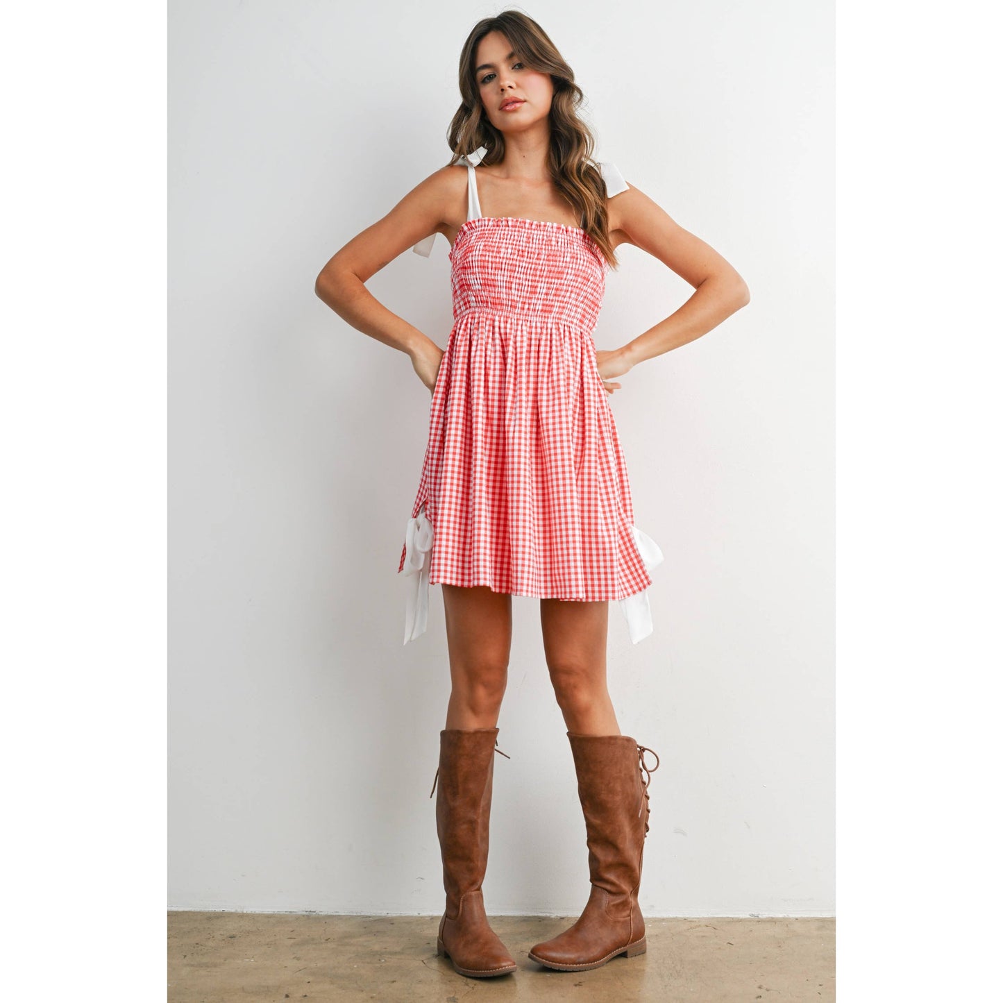Strapless Shirred Gingham Mini Sundress RED  L