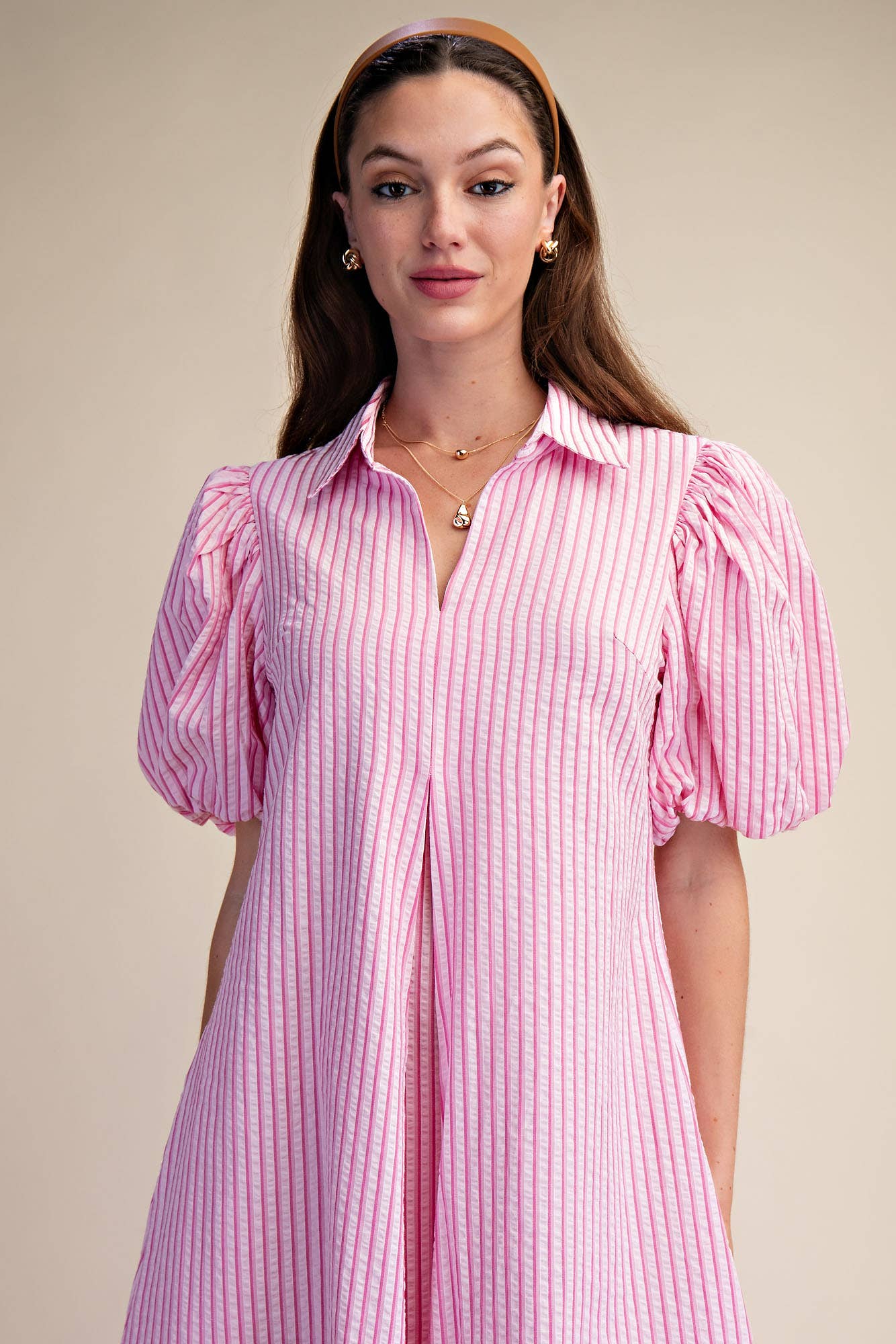 Glam - Collar V-Neck Puff Sleeve Stripe Pleated Midi Dress: Pink, L