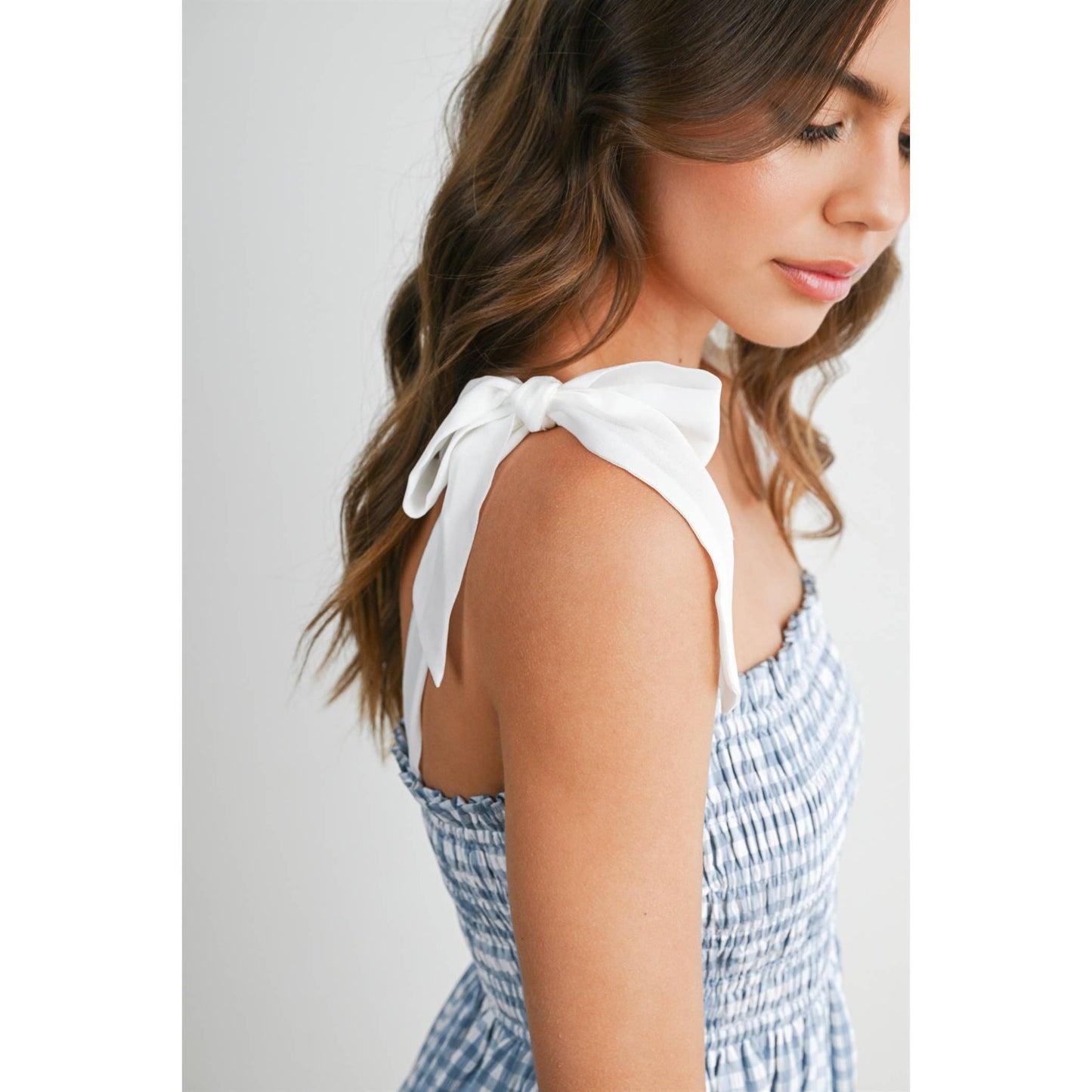 Strapless Shirred Gingham Mini Sundress RED  L