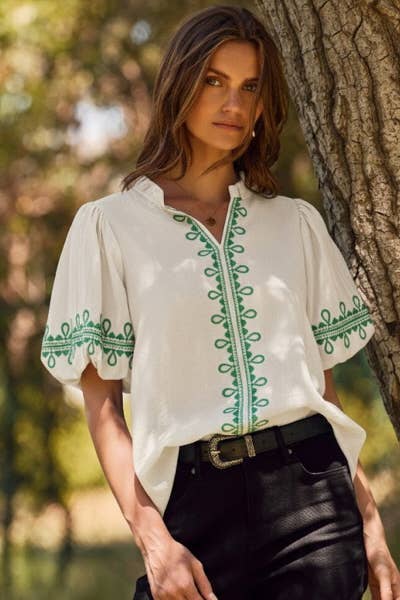 Oddi - Solid Embroidered Short Bubble Sleeve Blouse: Azure Blue, L