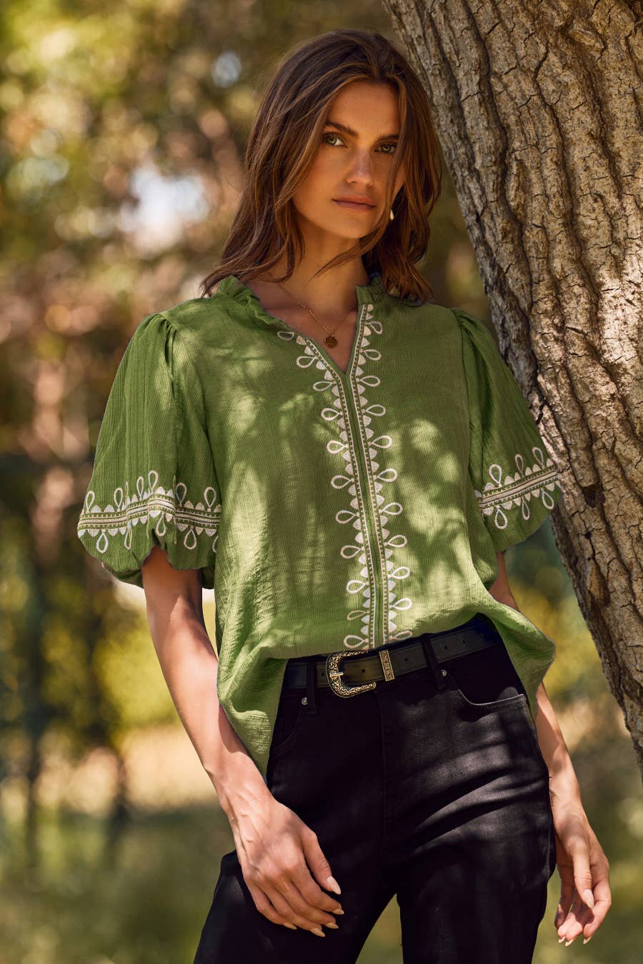 Oddi - Solid Embroidered Short Bubble Sleeve Blouse: Azure Blue, S